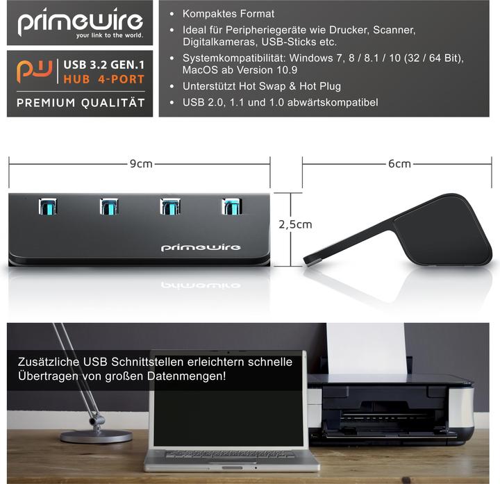 Produktbild Primewire 4 Port USB 3.2 Gen.1 Hub Aktiv, Verteiler mit Netzteil, USB 3.0 Datenhub Super Speed bis zu 5 Gbit/s (USB-A, 4 Ports)