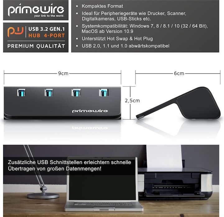 Actual product image Primewire 4 port USB 3.2 Gen.1 hub active, distributor with power supply, USB 3.0 data hub super speed up to (USB-A, 4 Ports)