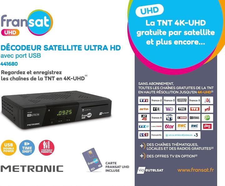 Immagine prodotto Metronic Decoder satellitare 4K UHD HDR10 con audio Dolby Atmos, DTT gratuito, Time Shift e doppia porta USB (DVB-S)