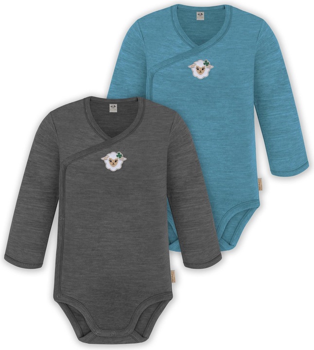 Normani 2er Set Unisex Baby Wickelbody Langarm-Strampler Einteiler aus Merinowolle - 9351