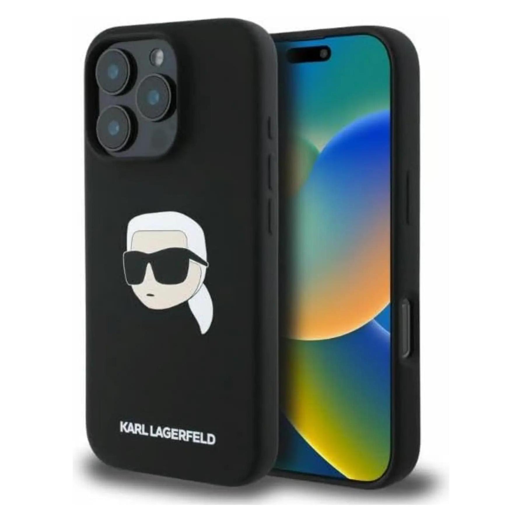 Karl Lagerfeld KLHMP16LSKHPPLK IPhone 16 Pro Czarny/black Hc MagSafe Sil Kl Head Print (Apple IPhone 16 Pro), Smartphone Hülle, Schwarz