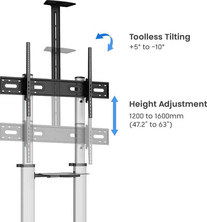 Image du produit Manhattan Support TV multimédia en aluminium sur roulettes, réglable en hauteur (100", 80 kg)