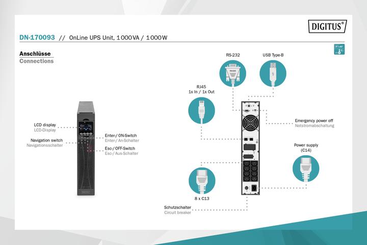 Actual product image Digitus OnLine UPS system, 1000 VA / 1000 W (1000 VA, 1000 W, Online double converter UPS)