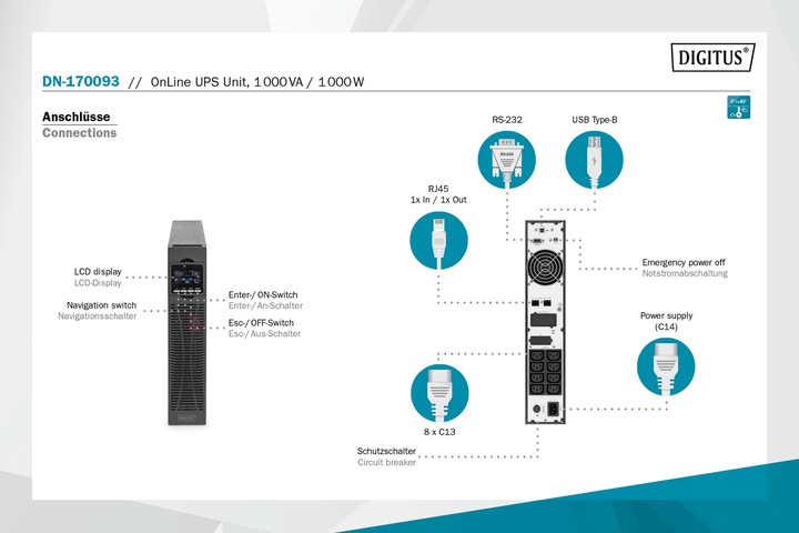 Produktbild Digitus OnLine USV-System, 1000 VA/ 1000 W (1000 VA, 1000 W, Online-Doppelwandler USV)