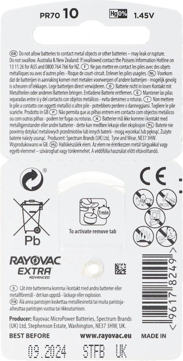 Immagine prodotto Rayovac 10x 6 Stück Hörgerätebatterie Varta HA10, PR70, 4610 (10 pz., 90 mAh)