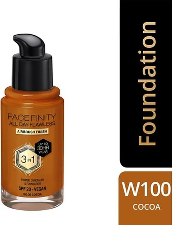 Actual product image Max Factor Facefinity 3-in-1 All Day Flawless Foundation SPF 20 30ml 100 Cocoa