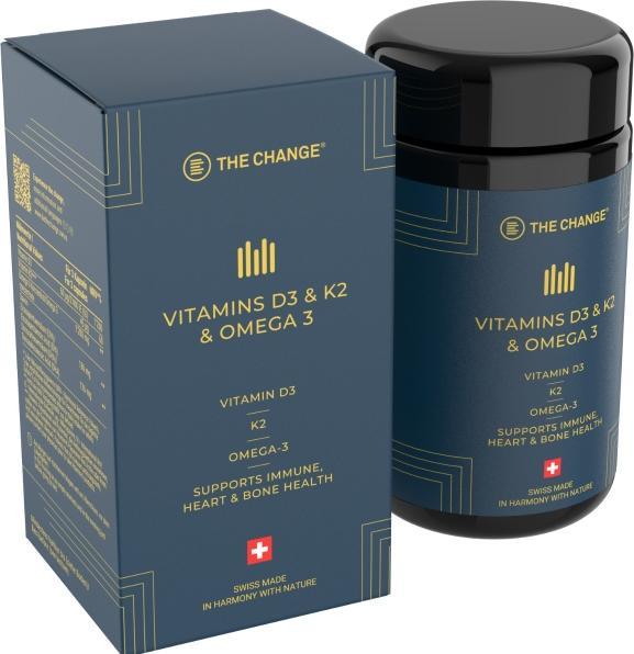 Image du produit BE THE CHANGE Vitamines D3 & K2 & Oméga 3 (90 pcs, Capsules, 53 g)
