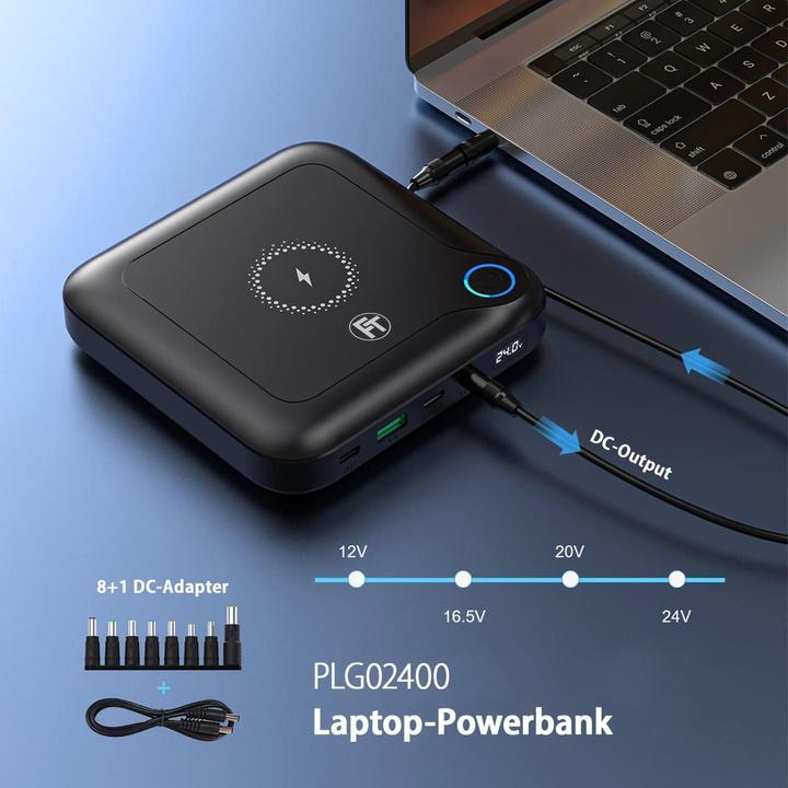 Produktbild FeinTech 60W PD Powerbank mit USB-C, DC-Anschluss und 10W drahtlosem Laden für Laptops, Tablets, Smartphones (60 W, 88 Wh)