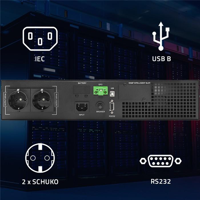 Produktbild Qoltec ZASILACZ AWARYJNY UPS DO RACK 1KVA | 1000W | POWER FACTOR 1.0 | LCD | EPO | USB | ON-LINE (1 VA, 1000 W, Online-Doppelwandler USV)