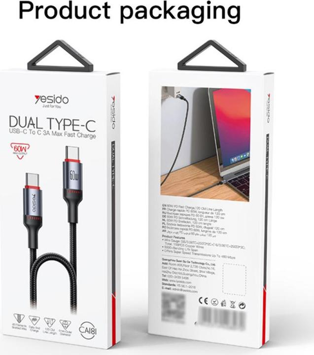 Actual product image Yesido USB-C to USB-C Cable CA181, 60W, 3A, 1.2m, Black (1.20 m, 60 W)