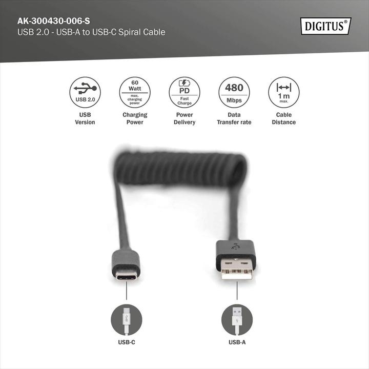 Produktbild Digitus USB A — USB C (0.32 m, USB 2.0, 60 W)