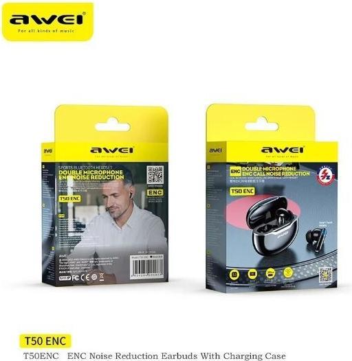 Actual product image Awei słuchawki Bluetooth 5.3 T50 ENC + stacja dokująca czarny/black (DNC, 6 h, Wireless)