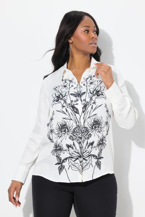 Actual product image Ulla Popken Botanical Print Long Sleeve Button Down Satin Blouse (58, 60)