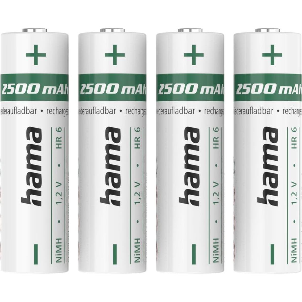 Hama Batterie ricaricabili NiMH, AA Mignon, 2500 mAh, 1,2 V, 4 pezzi (4 pz., AA, 2500 mAh), Batterie + pile