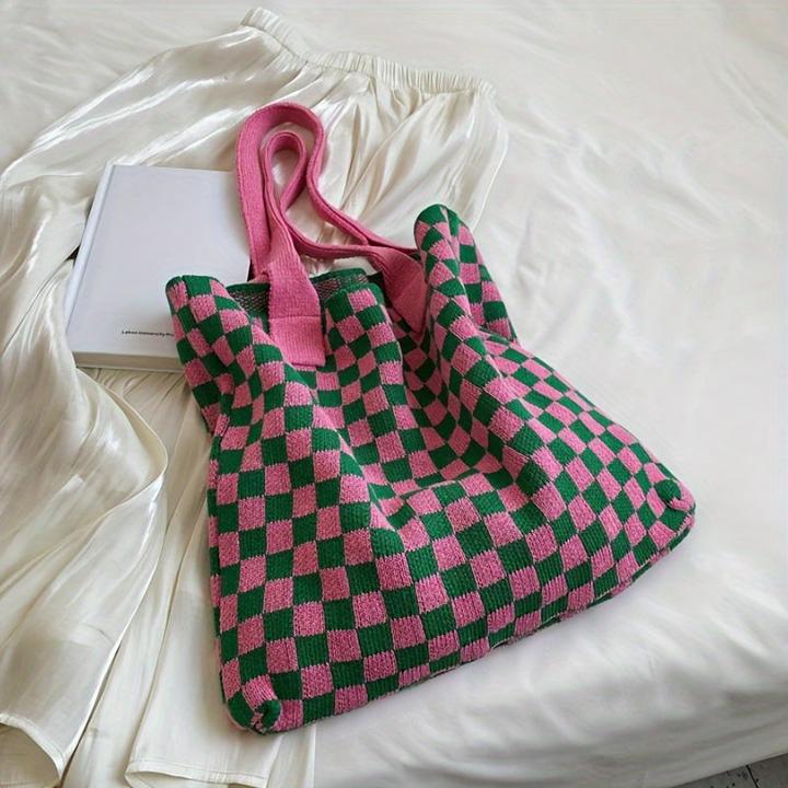 Produktbild Only-Bags.Store Kariert gestrickt Umhängetasche, Trendy Plaid Pattern Tote Bag, grosse Kapazität Handtasche für
