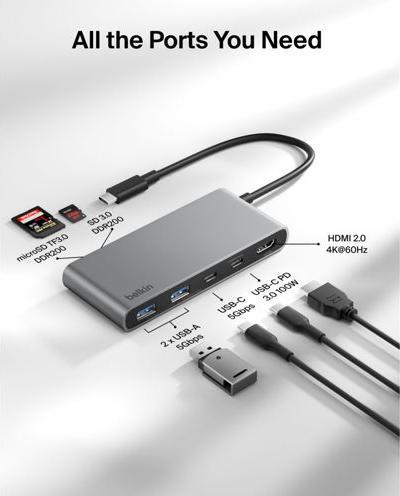 Image du produit Belkin Connect 7-In-1 USB-C Hub Mit Dual USB-C Ports Silber (USB-C, 7 ports)