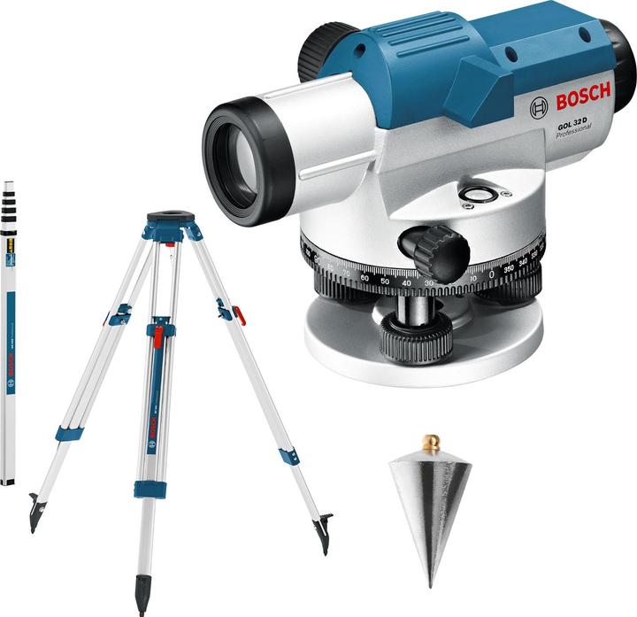 Bosch Professional Optisches Nivelliergerät GOL 32 D, mit Baustativ BT 160, Messstab GR 500