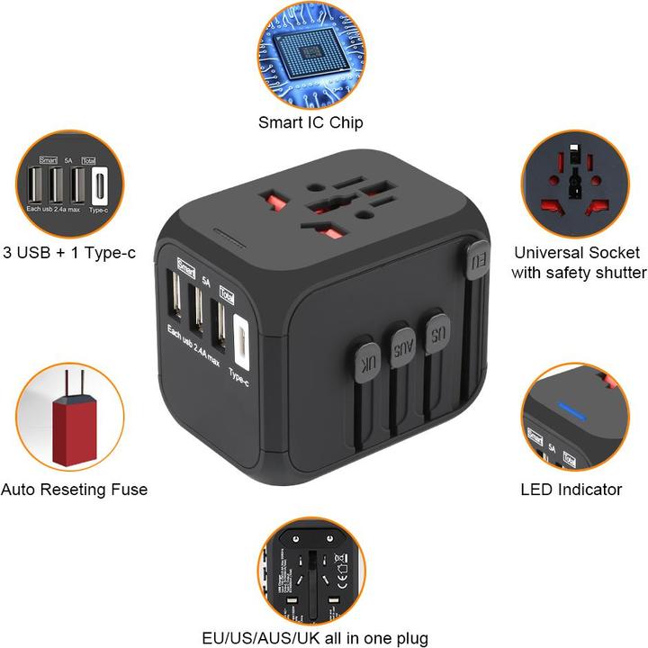 Produktbild Otravel Multi-National Travel Adapter US-Charger B / ungeerdet (Kunststoffkabelbinder, 67 mm, 100 Stk.)