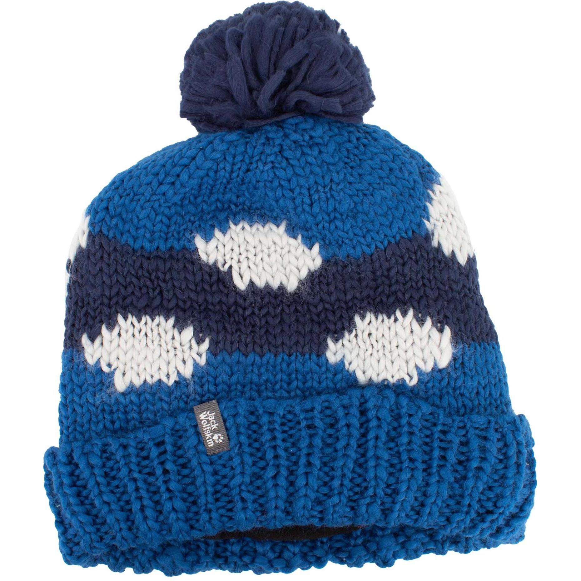 Jack Wolfskin, Mütze, Fluffy Check Cap Mütze Winter Bommelmütze Strickmütze, Blau