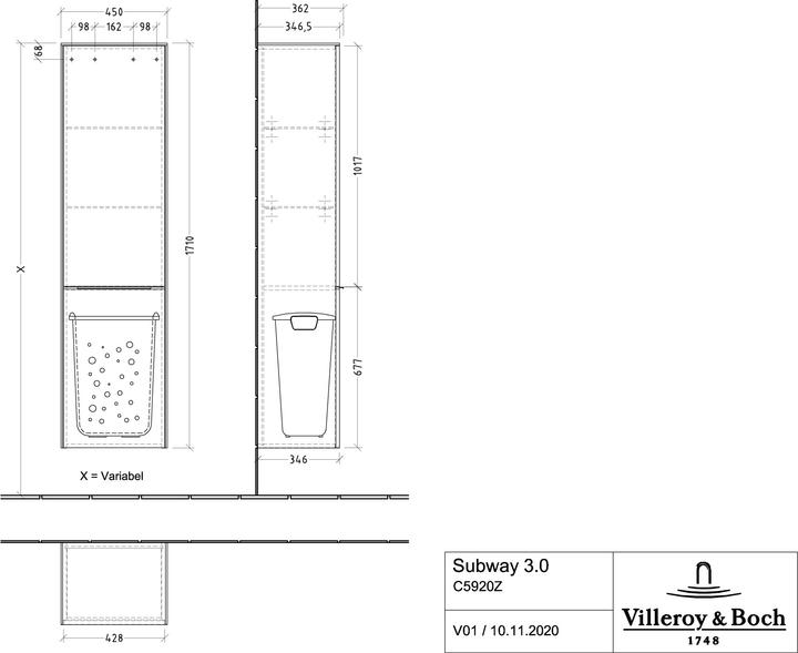 Produktbild Villeroy & Boch Subway 3.0, Hochschrank, 1 Tür Anschlag (Scharnier) links und 1 Wäscheklappe, C592