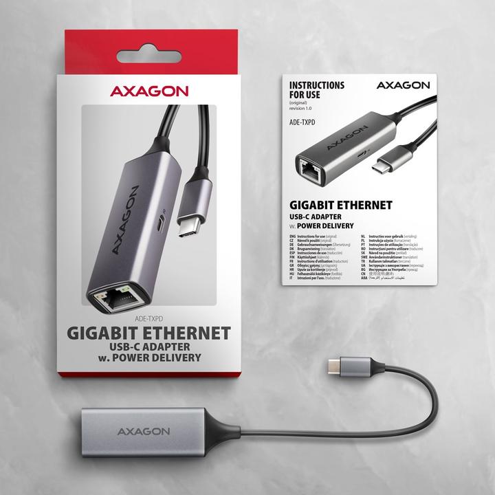 Produktbild Axagon ADE-TXPD, USB-C 3.2 Gen 1 - Gigabit Ethernet síťová karta, Asix AX88179, PD, auto instal (USB-C, RJ45 (1x))