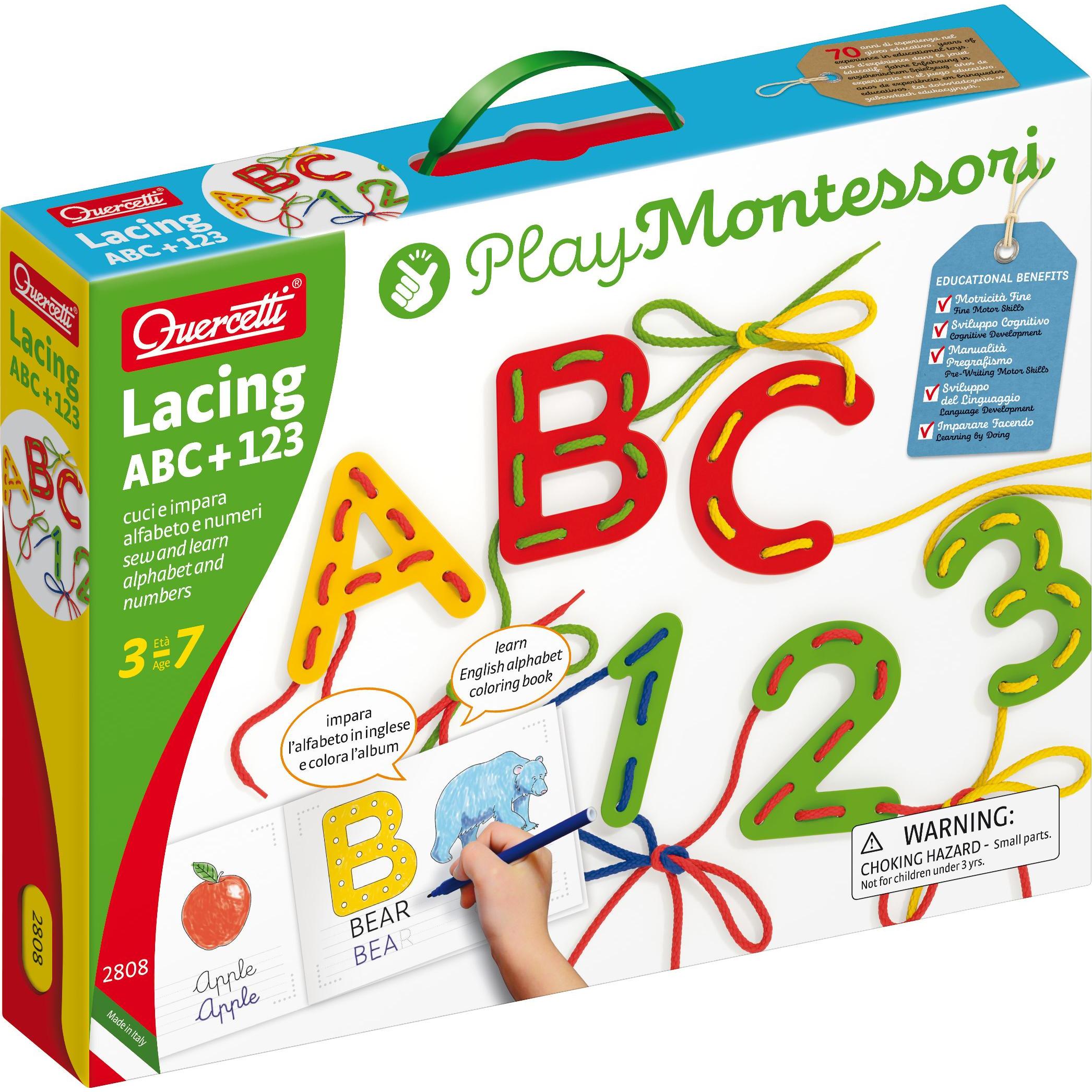 Quercetti Montessori Fädelspiel ABC + 123 (Italienisch)