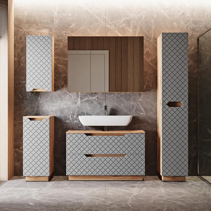 Actual product image Vicco Waschbeckenunterschrank Lotta, Eiche/Grau mit Kachelstruktur, 99.4 x 62.5 cm mit 2 Schubladen (99.40 x 32 x 62.50 cm)