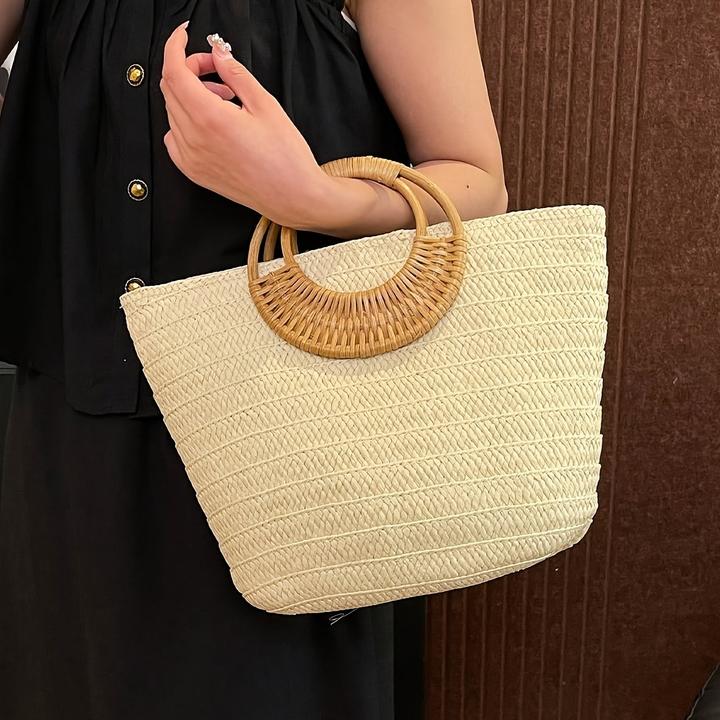 Actual product image Only-Bags.Store 1pc hohe Qualität, Sommer-Stil grosse Kapazität einfache Farbe gewebt Stroh runden Griff Strand