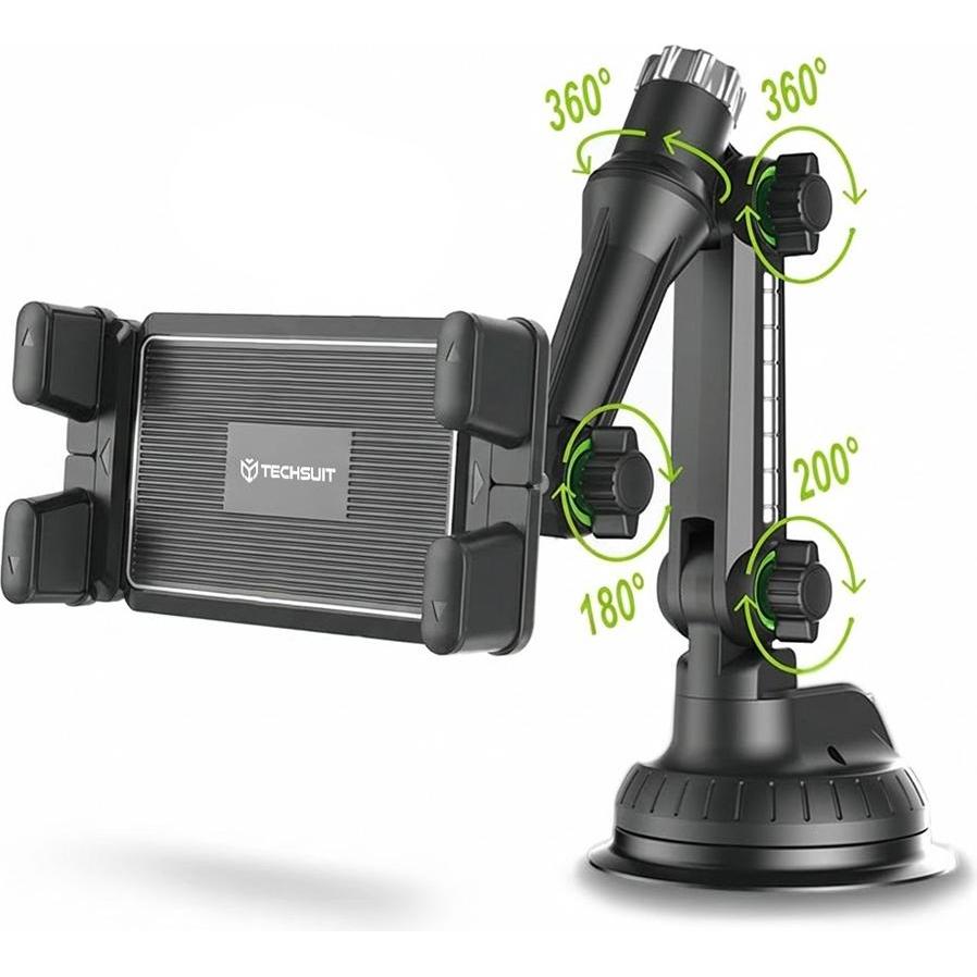 Techsuit - Car Holder TabbyX (ST1) - for Tablet/Phone, Flexible, 360° Adjust, Universal - Black, Supporto per smartphone, Nero