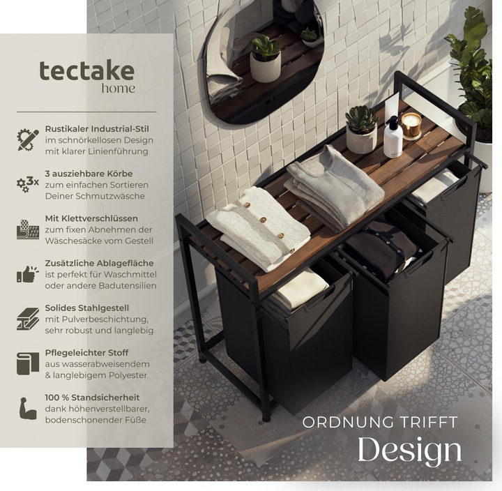 Produktbild tectake Wäschesortierer mit Ablage, Industrial Style (38 l)