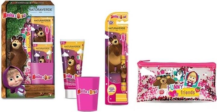 Immagine prodotto Naturaverde Set per l'igiene orale dei bambini Masha e Orso con spazzolino manuale a setole morbide e fragola (Morbido)