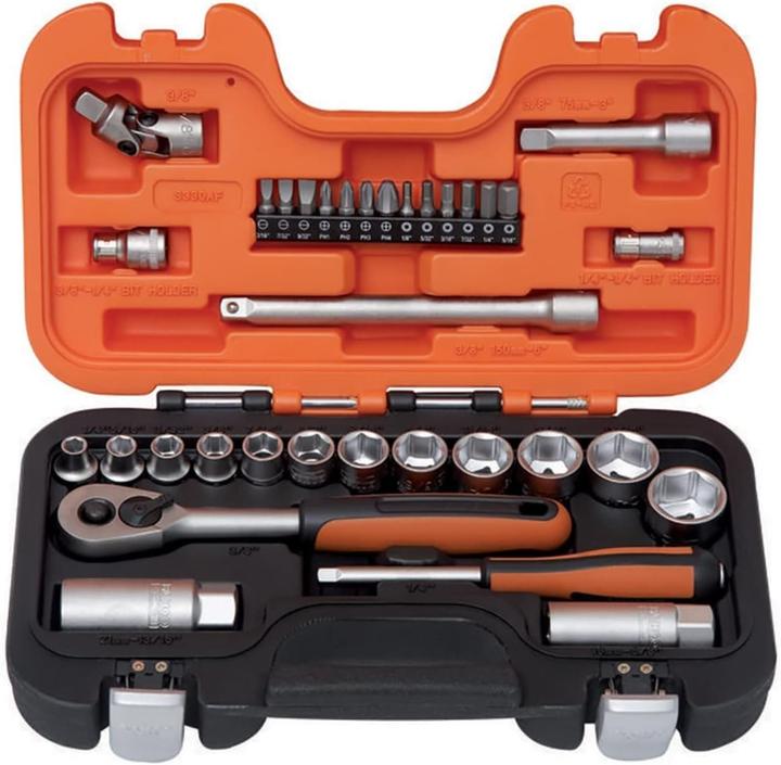 Produktbild Bahco 1/4" und 3/8" Steckschlüssel-Satz, Zoll, Sechskant, inklusive Umschaltknarre - 34-teilig (1/4", 3/8")