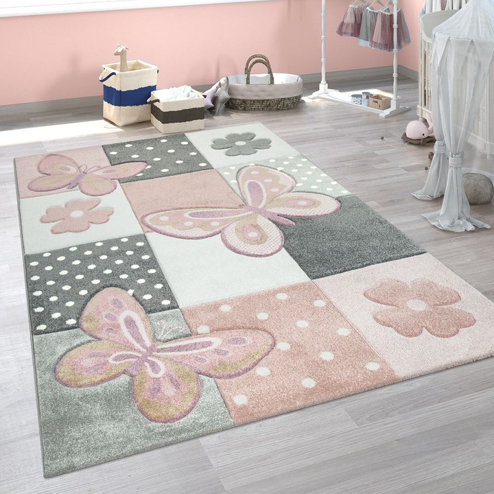 Produktbild Paco Home Kinderteppich Schmetterlinge Karo-Muster Bunt (200 x 290 cm)