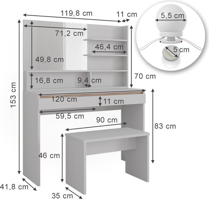 Image du produit Vicco Emma avec étagère miroir, banc & éclairage LED (120 x 41.80 x 83 cm)
