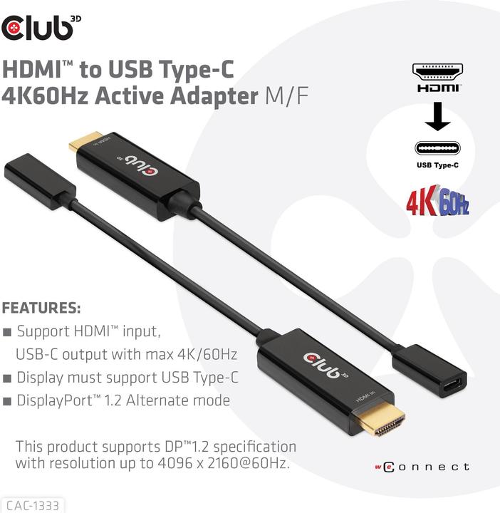 Produktbild Club 3D HDMI (Typ A) — USB C (HDMI, 2.22 cm)