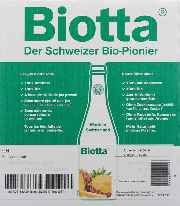 Nutritional values and ingredients Biotta Ananas (6 x 50 cl)