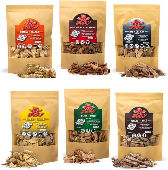 Actual product image BWay 6-teiliges Räucherchips-Set: Olive, Orange, Mandel, Zitronen, Walnuss und Eiche