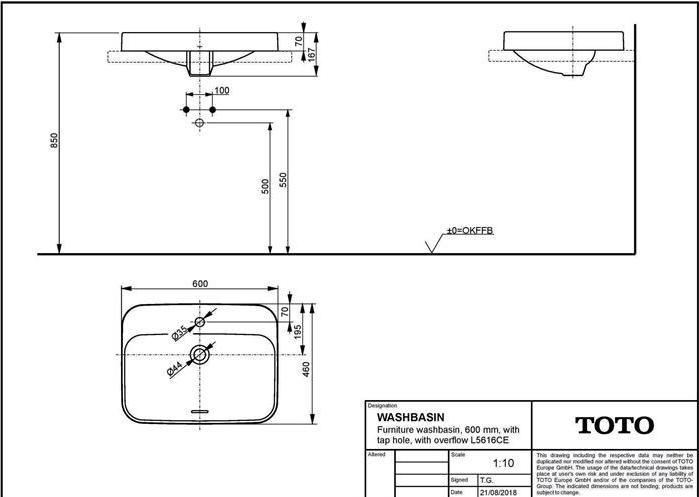 Actual product image TOTO LF furniture washbasin 167x600x460mm white (460 mm, 600 mm)