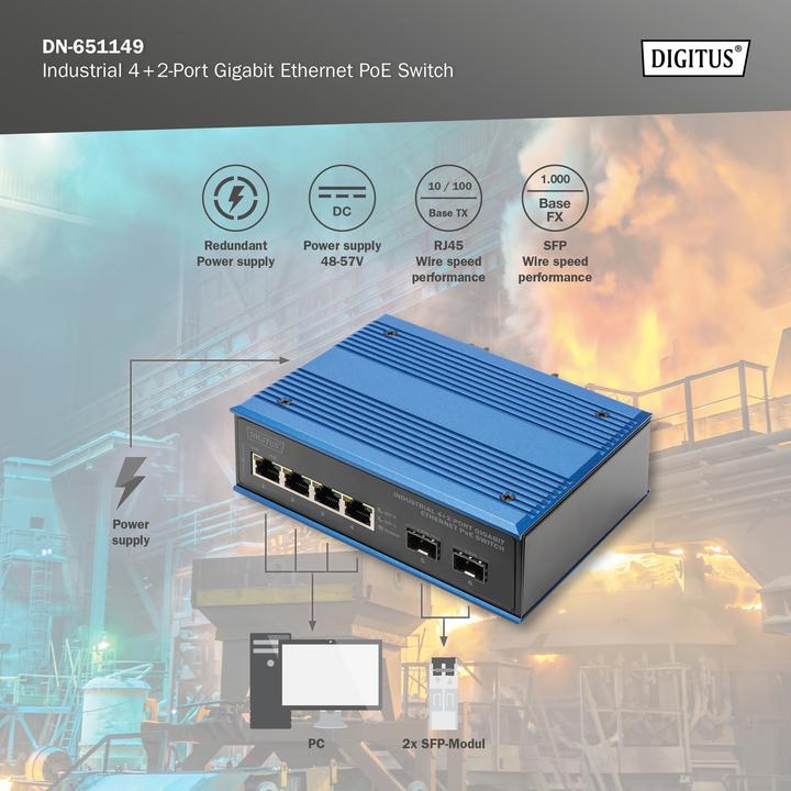 Productafbeelding Digitus Industriële 4+2-poorts Gigabit Ethernet PoE schakelaar (4 ports)