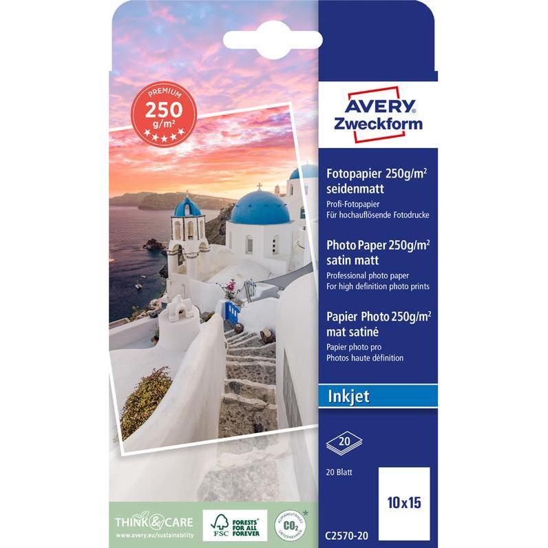 Avery Premium Inkjet Fotopapier (250 g/m², 10 x 15 cm, 20 x), Fotopapier, Weiss