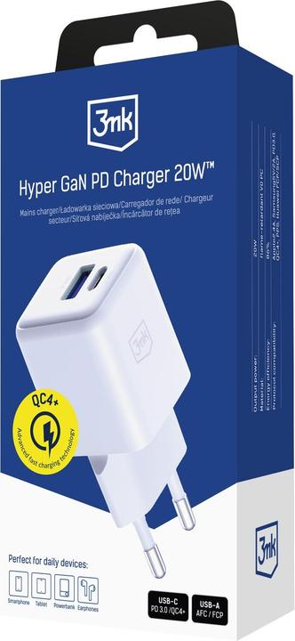 Productafbeelding 3MK Ładowarka sieciowa Hyper GaN Charger 20W 1xUSB-A 1XUSB-C PD QC4+ biały (20 W)