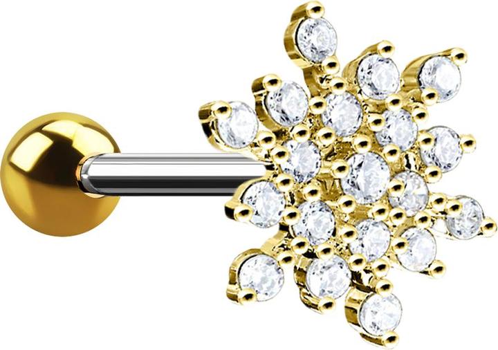 Star Piercing Micro Barbell 14k vergoldet Schneeflocke mit Kristallen (Messing, Chirurgenstahl 316L)