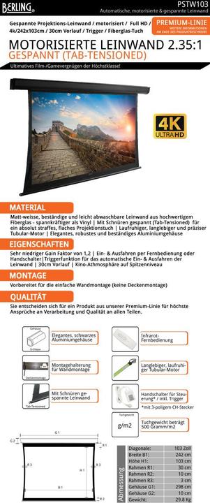 Immagine prodotto Berling Motor-Leinwand, gespannt/tensioned, elektrisch, 2.35:1, 103" (242x103cm),Premium (103", 2.35:1)