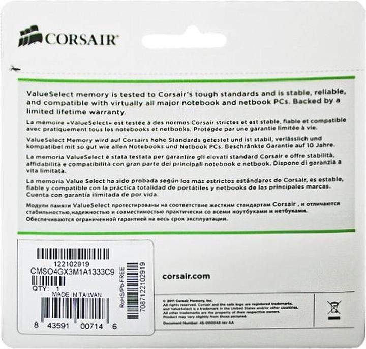 Produktbild Corsair ValueSelect (1 x 4GB, 1333 MHz, DDR3-RAM, SO-DIMM)