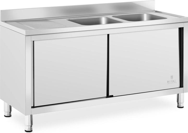 Royal Catering Plonge inox sur meuble - 2 bacs - - Acier inoxydable - 400 x 400 x 250 mm