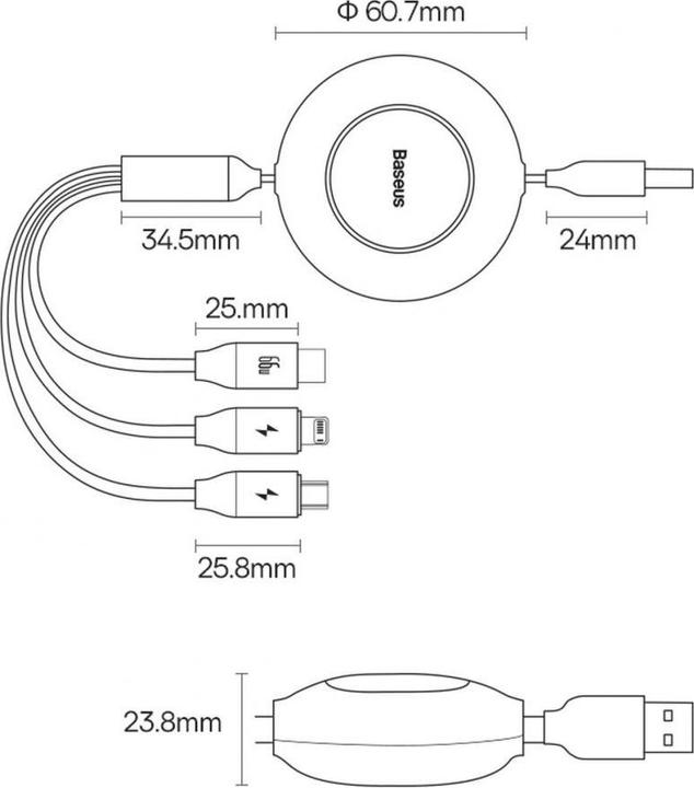 Actual product image Baseus Bright Mirror 3, USB 3-in-1 cable for micro USB / USB-C / Lightning 66W / 2A 1.1m (Purple) (1.10 m, 66 W)
