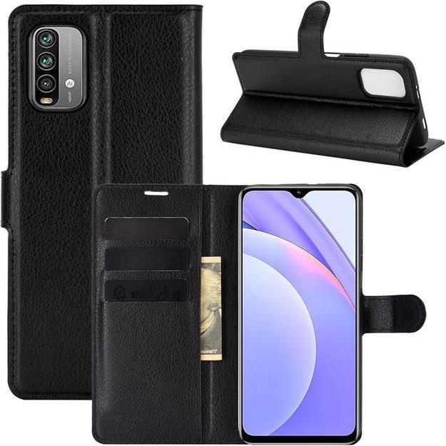 MU Classic Litchi Leder Bookcover Series (Xiaomi Redmi Note 9), Smartphone Hülle, Schwarz
