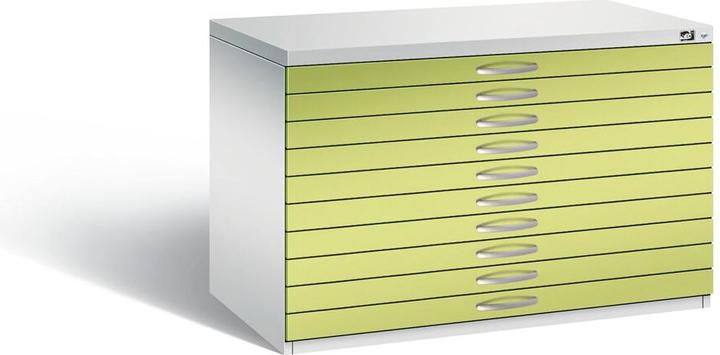 Produktbild C+P Zeichnungsschrank, DIN A1, 10 Schubladen, Höhe 760 mm, lichtgrau / viridingrün (110 x 76.50 x 76 cm)
