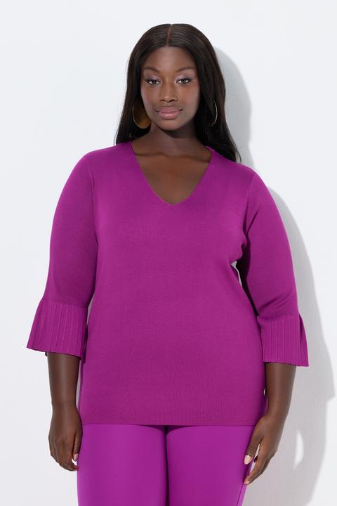 Produktbild Ulla Popken Pullover, Feinrippstrick, V-Ausschnitt, 3/4-Volantärmel (54)