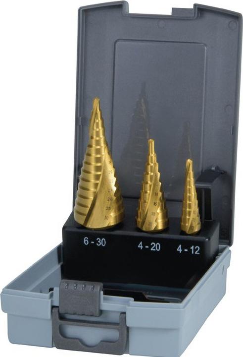 Actual product image Ruko Step drill set HSSTiN spiral fluted in the sizes in ABS plastic cassette pcs. (4 - 12, 4 - 30, 4 - 20)